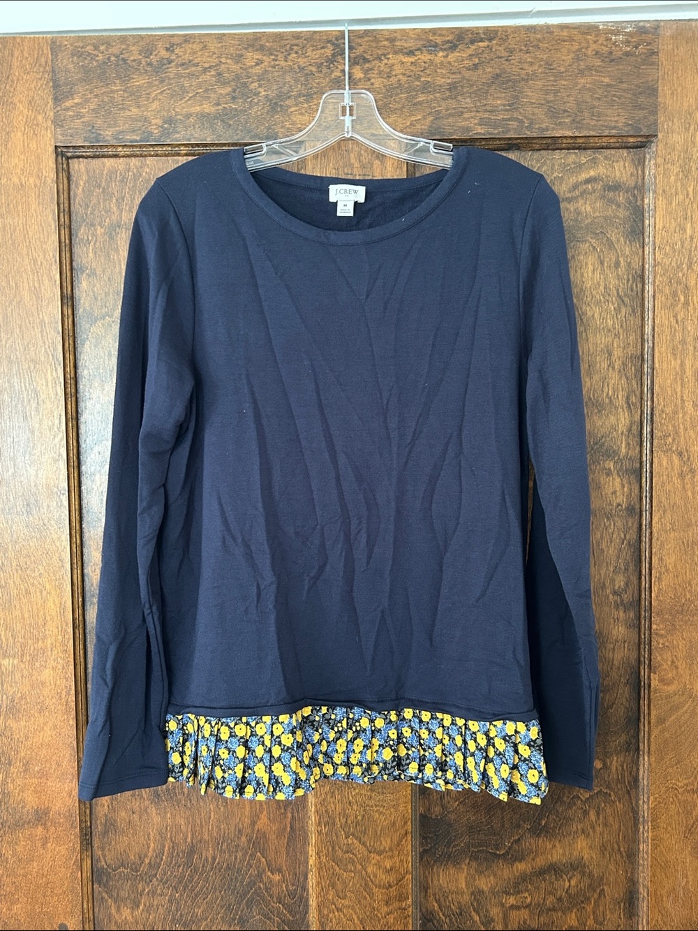 J. Crew Navy Long Sleeve Top with Yellow Floral Ruffle